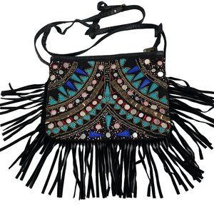 Vintage Crown Beaded Fringe Purse Hand Shoulder Bag Black Sparkle Boho Flaw